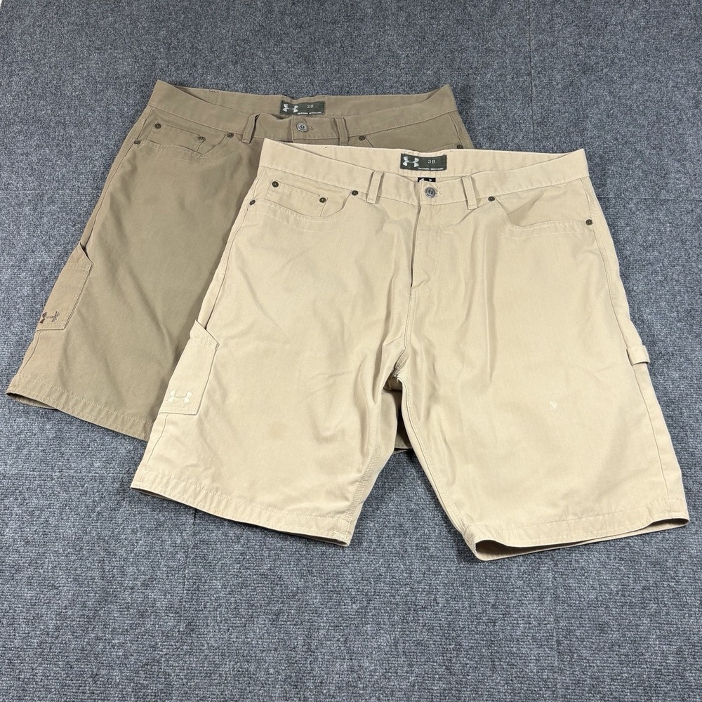 Lot Of 2 Under Armour Mens Tan Ripstop Shorts Size 38 Hiking Tactical Khaki READ